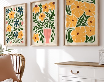 Botanical Flower Prints Set of 3: Pink & Yellow Gallery Wall Art