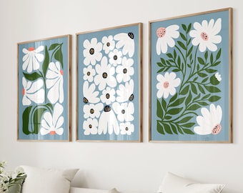 Blue Daisy Art Prints: Abstract Floral Set of 3