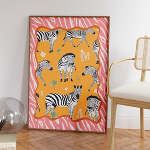 Zebra Maximalist Art Print, Boho Animal Gallery Wall Art, Tropical Safari Jungle Home Decor, Pink Yellow Art, Unframed A4-A1, 5x7-24x36