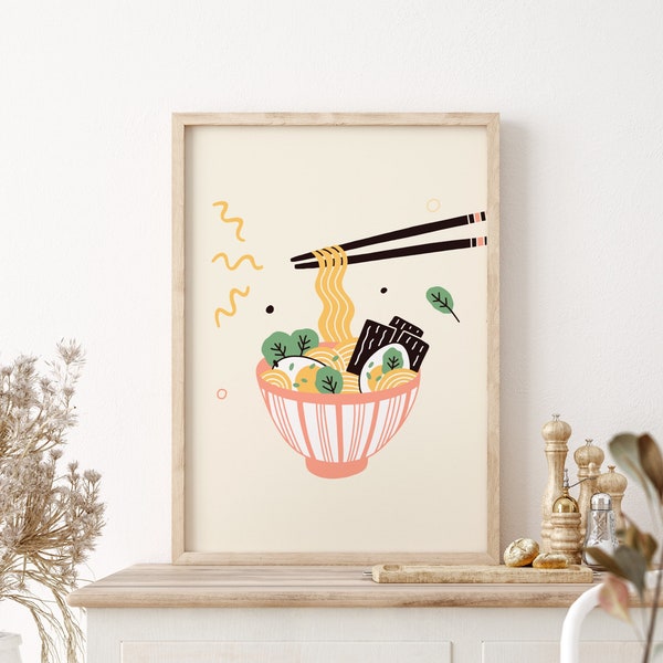 Ramen Print, ungerahmt 4x6/5x7/8x10/A6/A5/A4/A3/A2/A1, Küche Essen moderner Art Print, Noodle Boho Illustration Ausstellung Poster, Retro Print