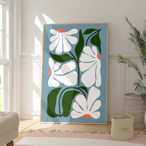 Blue Abstract Daisy Print, Unframed 4x6/5x7/8x10/A6/A5/A4/A3/A2/A1, Colourful Botanical Flower Wall Art Print, Bathroom/Bedroom/Kitchen
