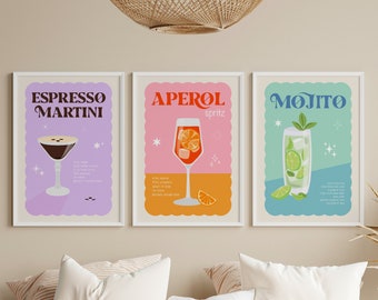 Cocktail Prints Set Of 3, Unframed 4x6/5x7/8x10/A6/A5/A4/A3/A2/A1, Home Bar Cart Decor, Aperol Spritz, Espresso Martini, Mojito Gallery Wall