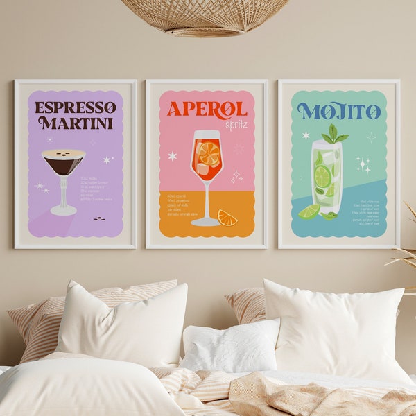 Cocktail Prints Set Of 3, Unframed 4x6/5x7/8x10/A6/A5/A4/A3/A2/A1, Home Bar Cart Decor, Aperol Spritz, Espresso Martini, Mojito Gallery Wall