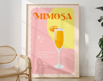 Cocktail Mimosa Print, Unframed 4x6/5x7/8x10/A6/A5/A4/A3/A2/A1, Bar Cart Art Prints, Pink Wall Art, Retro Drinks Poster, Gift For Friend