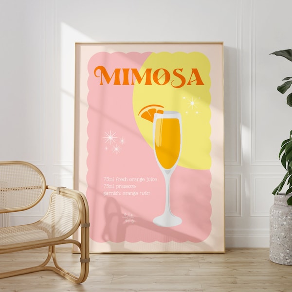 Impression cocktail mimosa, sans cadre 4 x 6/5 x 7/8 x 10/A6/A5/A4/A3/A2/A1, impressions d'art chariot de bar, art mural rose, affiche de boissons rétro, cadeau pour ami