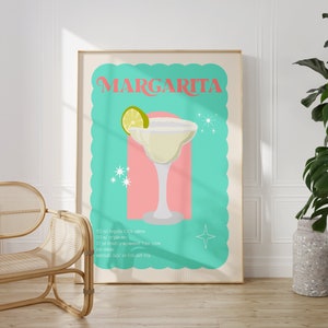 Cocktail Print Margarita, Colourful Kitchen Wall Art, Bar Cart Decor, Cocktail Recipe, Retro Poster, Quirky Decor, Unframed A4-A1, 5x7-24x36