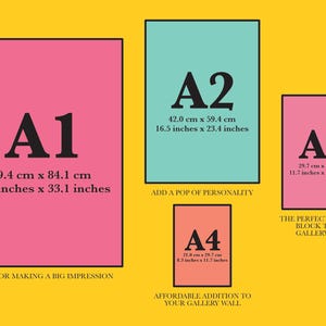 May include: A yellow background with pink, teal, and coral rectangles displaying A1, A2, A3, and A4 sizes. A1 is 23.4 x 33.1 inches, A2 is 16.5 x 23.4 inches, A3 is 11.7 x 16.5 inches, and A4 is 8.3 x 11.7 inches. Text includes "Good for making a big impression."