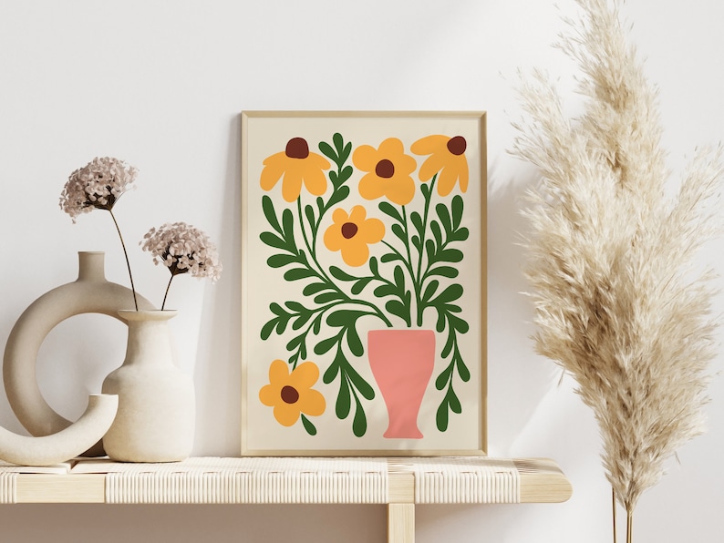 Abstract Sunflower Wall Art Print, Unframed 4x6/5x7/8x10/A6/A5/A4/A3/A2/A1, Yellow, Pink And Green Botanical Wall Decor, Living Room/Bedroom image 2