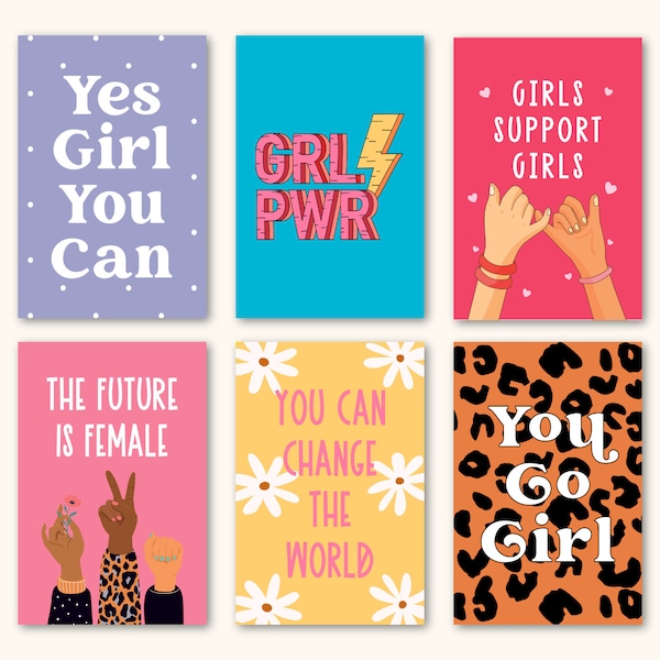 Cartes postales féministes, lot de 6/paquet de 12, Girl Power, You go girl, citations motivantes, mini impressions colorées