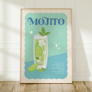 May include: A framed poster featuring a Mojito cocktail illustration. The poster has a light blue background with a scalloped edge and the word "Mojito" in blue. A glass of the cocktail is depicted with lime slices and mint.