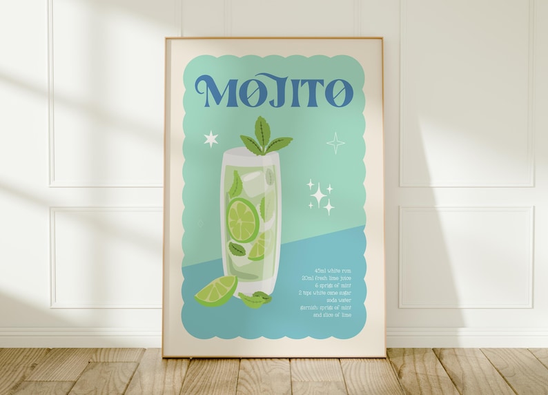 May include: A framed poster featuring a Mojito cocktail illustration. The poster has a light blue background with a scalloped edge and the word "Mojito" in blue. A glass of the cocktail is depicted with lime slices and mint.
