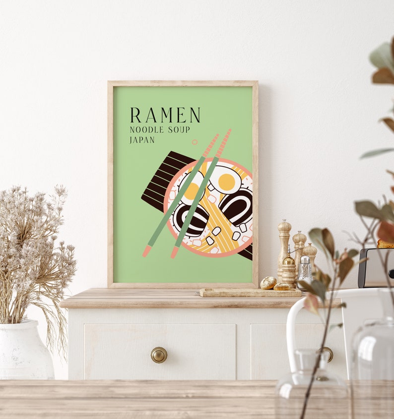 Ramen Noodle Soup Japanese Food Print, Unframed 4x6/5x7/8x10/A6/A5/A4/A3/A2/A1, Colourful Kitchen Wall Art, Mid Century Modern Illustration image 4
