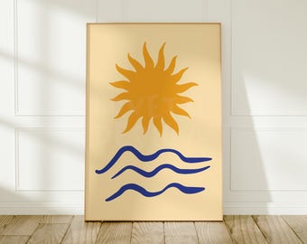 Cuadro abstracto de sol y olas para pared: decoración moderna y colorida