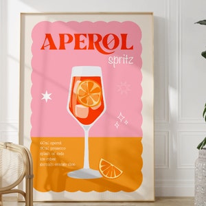 Aperol Spritz Cocktail Print, Unframed 4x6/5x7/8x10/A6/A5/A4/A3/A2/A1, Kitchen Bar Drinks Print, Pink And Orange Colourful Art, Fun Wall Art