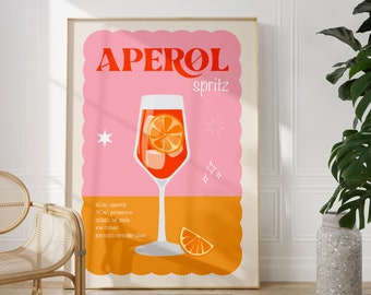 Aperol Spritz Cocktail Print, Unframed 4x6/5x7/8x10/A6/A5/A4/A3/A2/A1, Kitchen Bar Drinks Print, Pink And Orange Colourful Art, Fun Wall Art