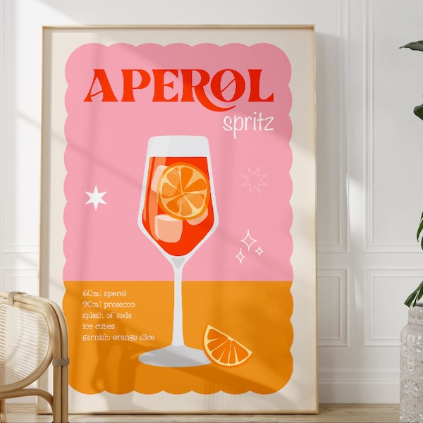 Aperol Spritz Cocktail Print, Unframed 4x6/5x7/8x10/A6/A5/A4/A3/A2/A1, Kitchen Bar Drinks Print, Pink And Orange Colourful Art, Fun Wall Art