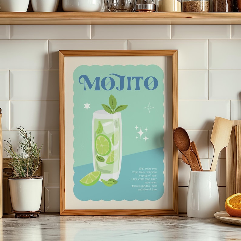 May include: A framed print featuring a Mojito cocktail illustration. The artwork showcases a tall glass filled with lime slices, mint, and ice, with the word "Mojito" in blue script. The background is a light blue with decorative stars.