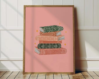 Book Stack Wall Art: Starry Book Illustration Print
