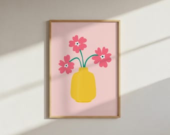 Pink Flower Art Print: Yellow Vase Floral Wall Decor