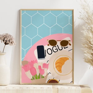 Colourful Cafe Pastry Brunch Print, Floral Tulips Illustration, Stylish Lifestyle Print, Blue And Pink Art, Unframed A4-A1, 5x7-24x36