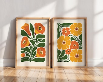 Orange & Yellow Flower Print Set of 2: Botanical Wall Decor