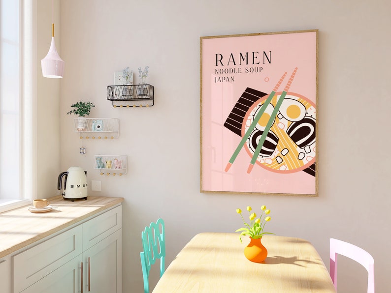 Ramen Noodle Soup Japanese Food Print, Unframed 4x6/5x7/8x10/A6/A5/A4/A3/A2/A1, Colourful Kitchen Wall Art, Mid Century Modern Illustration image 3