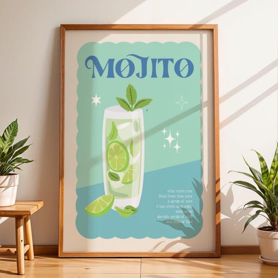 Mojito Cocktail Print: Blue Bar Art, Kitchen Poster