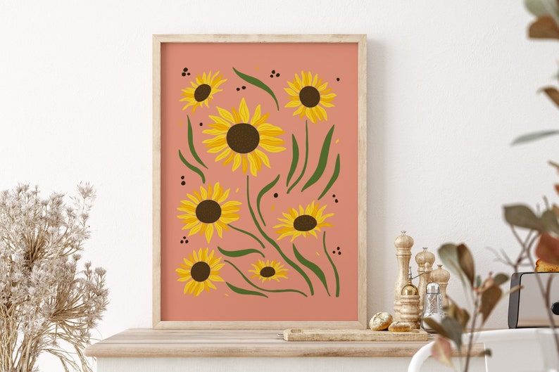 Sunflower Print Pink Boho Wall Art, Unframed 4x6/5x7/8x10/A6/A5/A4/A3/A2/A1, Colourful Home Decor Botanical Gallery Wall Art Print image 3