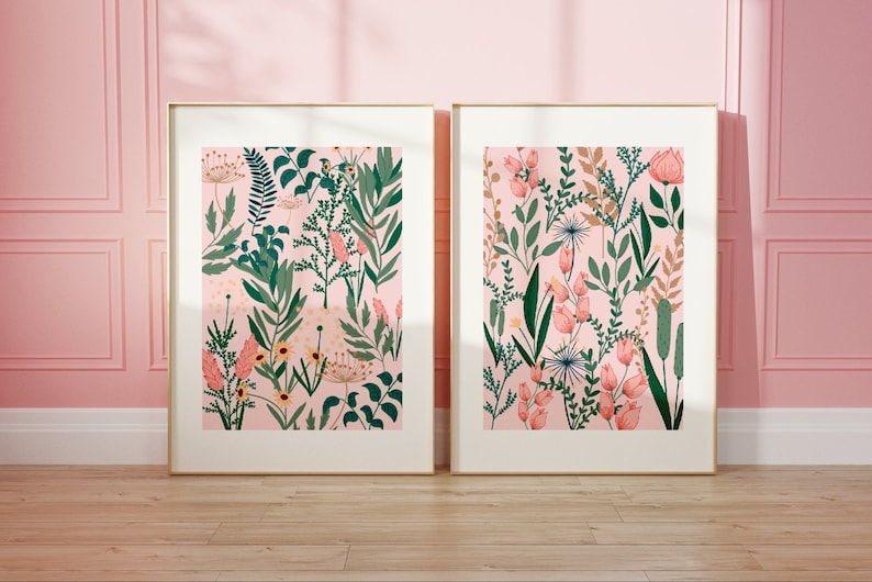 Flower Print Set Of 2, Cottagecore, Unframed 4x6/5x7/8x10/A6/A5/A4/A3/A2/A1, Pink Botanical Print, Gallery Wall, Wildflower Art Prints image 1