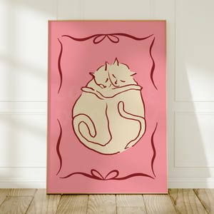 Cats Cuddling Art Print: Pink Coquette Wall Decor