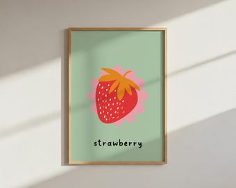 Puede incluir: Un cuadro enmarcado con una ilustración de fresa estilizada. La fresa roja, con semillas blancas, se encuentra sobre un fondo verde claro. La palabra "strawberry" está escrita en negro debajo.