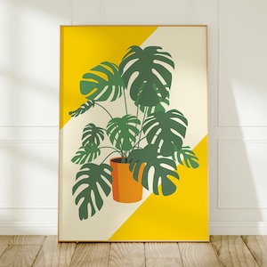 Monstera Plant Art Print: Yellow Stripe Botanical Wall Decor