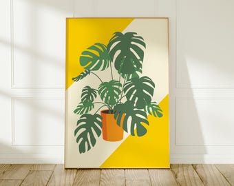 Monstera Plant Art Print: Yellow Stripe Botanical Wall Decor