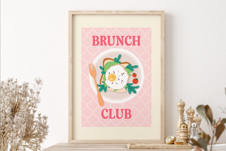 Eggs Brunch Club Kitchen Wall Art Print, Unframed 4x6/5x7/8x10/A6/A5/A4/A3/A2/A1, Pink Illustration Food Art Print, Gallery Wall Art image 1