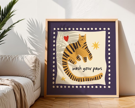 Wash Your Paws Square Print: Bold Tiger Illustration Wall Art