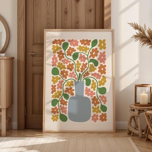 Impresión floral abstracta, arte mural botánico, decoración neutra, impresiones retro, arte floral otoñal, florero, sin marco, tamaño A4-A1, 5x7-24x36