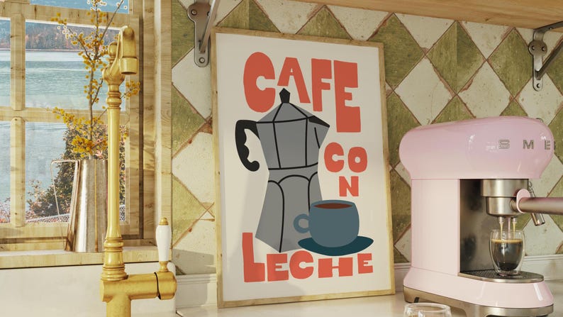 cafe con leche coffe with milk coffe art print featuring coffee pot and mug lovette design