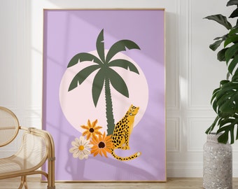 Purple Leopard Flower Print, Unframed 4x6/5x7/8x10/A6/A5/A4/A3/A2/A1, Colourful Animal Palm Tree Print, Eclectic Boho Jungle Home Decor