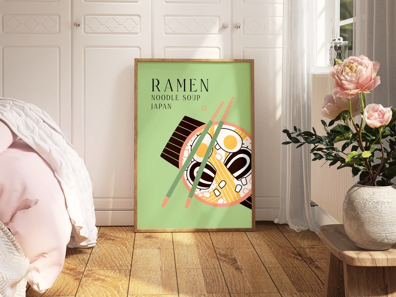 Ramen Noodle Soup Japanese Food Print, Unframed 4x6/5x7/8x10/A6/A5/A4/A3/A2/A1, Colourful Kitchen Wall Art, Mid Century Modern Illustration image 2