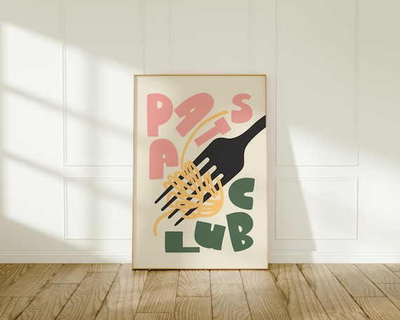 Pasta Club Art Print: Pink & Green Kitchen Decor