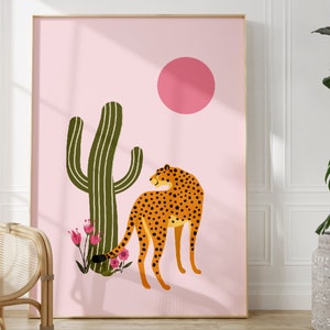 Rosa Leopard und Kaktus Druck, ungerahmt A4-A1, 8x10-24x36, Boho Wüste Kunstdruck, Botanisches Blumentierplakat, Galeriewand