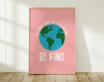 Quadro de parede com frase inspiradora: Seja gentil, decoração rosa para quarto infantil.