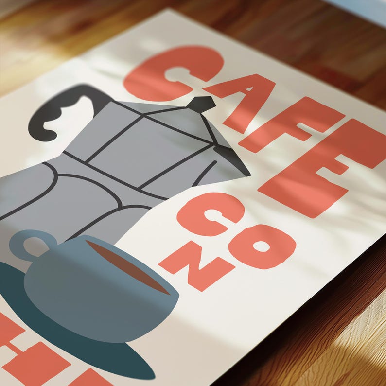 May include: A print featuring a coffee theme with a gray stovetop espresso maker, a blue coffee cup, and the words "CAFE GO" in coral letters on a cream background. The image has a minimalist, flat design.