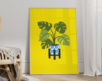 Yellow Monstera House Plant Print, Unframed 4x6/5x7/8x10/A6/A5/A4/A3/A2/A1, Gallery Wall Eclectic Illustrations, Bathroom/Kitchen/Bedroom