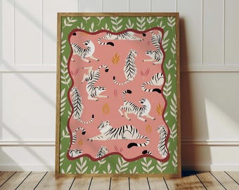 Tiger Art Print: Pink & Green Maximalist Jungle Decor