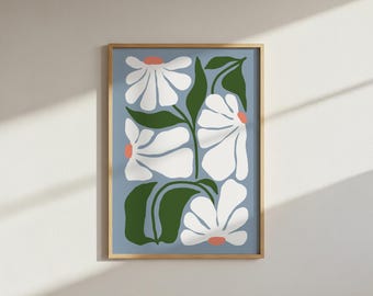 Abstract Daisy Art Print: Blue Floral Wall Decor