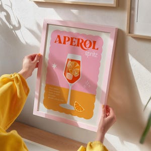 Láminas de Aperol Spritz, láminas de cócteles retro, lámina de bebida de bar, arte rosa y naranja, lámina de arte mural divertida, sin marco, tamaño A4-A1, 5x7-24x36