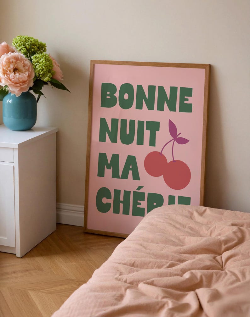Bonne Nuit Ma Chérie Wall Art: Bold Bedroom Decor Green Text