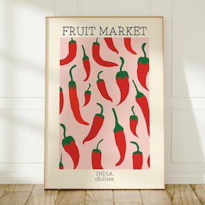 Impresión de chile, arte de mercado de frutas, arte colorido para la pared de la cocina, póster retro de comida, decoración picante en rosa y rojo, arte de pimientos, sin marco, A4-A1, 5x7-24x36