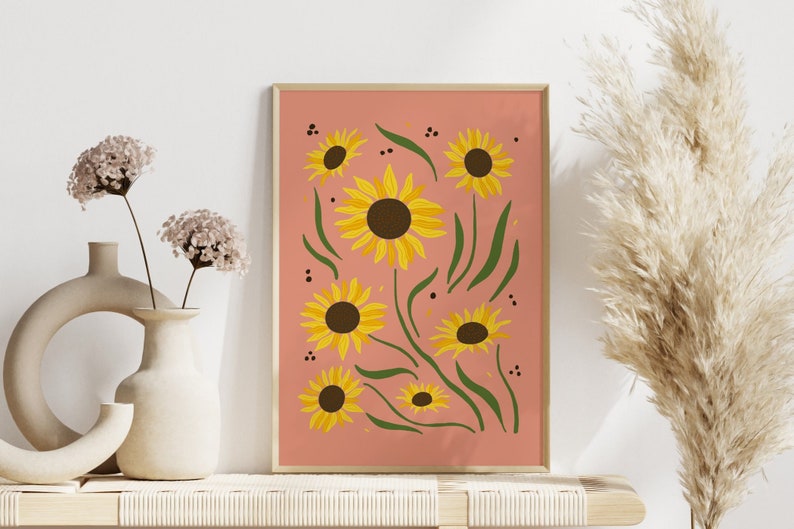 Sunflower Print Pink Boho Wall Art, Unframed 4x6/5x7/8x10/A6/A5/A4/A3/A2/A1, Colourful Home Decor Botanical Gallery Wall Art Print image 2